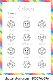 Colours Worksheet. Learning English for young learners, kids. English activity. Printable, vector illustration. 