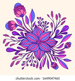 Colrful fantasy flower purple blue color, framed by leaves and buds. Decorative  florets isolated on beige background. Vector hand drawn illustration with blooming fantastic flowers. Doodle style.