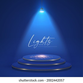 Colrful spotlight and empty scene. Light effect presentation design. Showcase element.