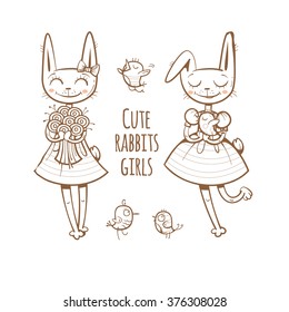 Colring book with cute cartoon rabbits girls. Contour drawing, white fill. Vector illustration.