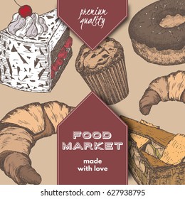Colro food market label template with hand drawn sketch of apple pie, black forest cake, doughnut and croissant. Great for store and packaging design.