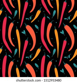 Colroful chili pepper illustrations made as seamless vector pattern. Colored hand drawn vegetable black backdrop with hot mexican spicy peppers. endless background for graphic print