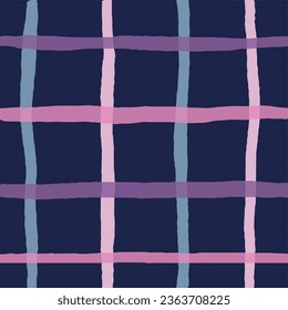 Colroful Hand-Drawn Cottagecore Plaid. Pink and purple simple Vector Seamless Pattern. Artistic Cottagecore Checks. Homestead Farmhouse Print. Abstract art on dark background