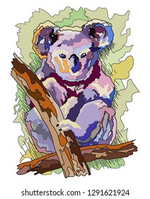 Colroful koala sitting on a brown branch on a green backgroun