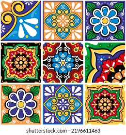 Colroful Mexican seamless tile vector pattern big set with flowers, leaves and geometric shapes. Traditional tiles collection inspired by art from Mexico perfect for wallpaper, textile or fabric print