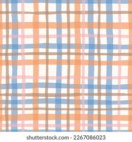 Colroful Watercolor Hand-Drawn Messy Plaid Vector Seamless Pattern. Romantic Artistic Cottagecore Checks. Homestead Farmhouse Print. Pastel Summer Graphic Background