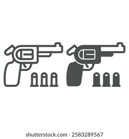 Colt gun and ammo line and solid icon, west desert concept. Vector graphics. Revolver pistol with bullets sign on white background, outline style icon for mobile or web design