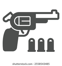 Colt gun and ammo solid icon, west desert concept. Vector graphics. Revolver pistol with bullets sign on white background, glyph style icon for mobile or web design