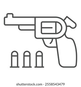 Colt gun and ammo thin line icon, west desert concept. Vector graphics. Revolver pistol with bullets sign on white background, outline style icon for mobile or web design