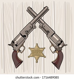 Colt Model 1848 Dragoon. Two Revolvers with sheriff star. Digital sketch hand drawing vector. Illustration. 