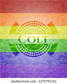 Colt on mosaic background with the colors of the LGBT flag