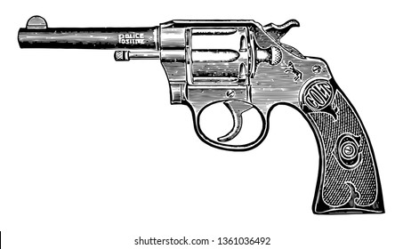 Colt Police Positive Revolver was a revolver manufactured in 1907, vintage line drawing or engraving illustration.