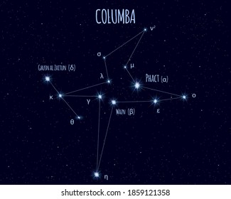 Columba (The Dove) constellation, vector illustration with the names of basic stars against the starry sky