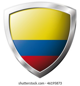 Columbia flag on metal shiny shield vector illustration. Collection of flags on shield against white background. Abstract isolated object.