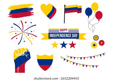  Conjunto de Elementos de Vector del Feliz Día de la Independencia de Columbia, para publicaciones en redes sociales, Anuncios y carteles, bandera de Columbia, corazones, fuegos artificiales, mano apretada, globos y muchos más.