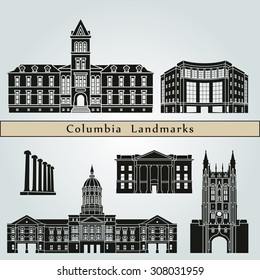 Columbia landmarks and monuments isolated on blue background in editable vector file