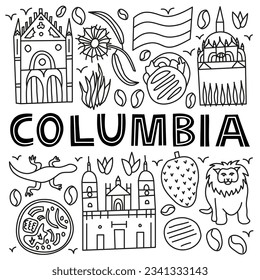 Columbia national landmarks and attractions in doodle style isolated on white background. Welcome poster. Latin America tourism concept.