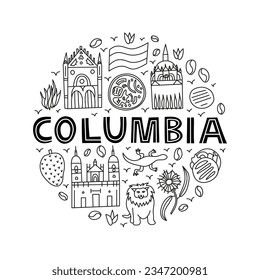 Columbia national landmarks and attractions in doodle style composed in circle shape. Welcome poster. Latin America tourism concept.