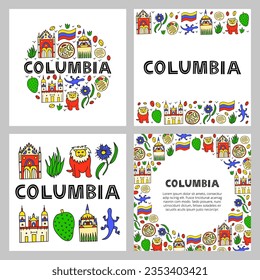 Columbia national landmarks and attractions in doodle style isolated on white background. Welcome posters. Latin America tourism concept.