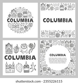 Columbia national landmarks and attractions in doodle style isolated on white background. Welcome posters. Latin America tourism concept.