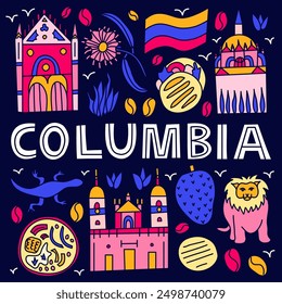 Columbia national landmarks and attractions in doodle style isolated on dark background. Welcome poster. Latin America tourism concept.