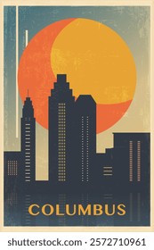 Columbia retro city poster with abstract shapes of skyline, buildings. USA, Ohio state vintage travel vector illustration, cityscape at sunrise, sunset