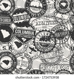 Columbia, SC, USA Set of Stamps. Travel Passport Stamps Pattern. Made In Product. Design Seals in Old Style Insignia Seamless. Icon Clip Art Vector Collection.