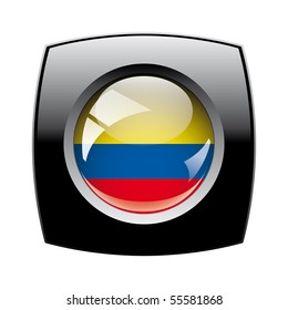 Columbia shiny button flag with black frame -  vector illustration. Isolated abstract object against white background.