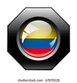 Columbia shiny button flag with black frame -  vector illustration. Isolated abstract object against white background.