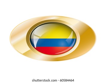Columbia shiny button flag with golden ring vector illustration. Isolated abstract object against white background.