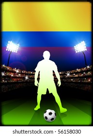 Columbia Soccer Player with Flag on Stadium Background Original Illustration