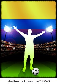 Columbia Soccer Player with Flag on Stadium Background Original Illustration