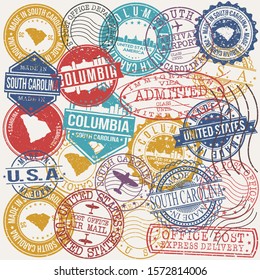 Columbia South Carolina Set of Stamps. Travel Stamp. Made In Product. Design Seals Old Style Insignia.