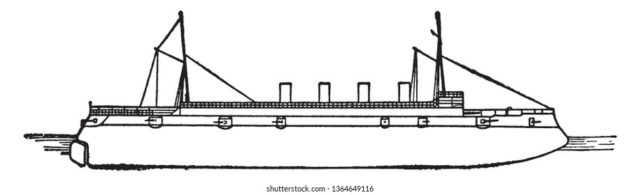 Columbia Is A US Navy Cruiser, Vintage Line Drawing Or Engraving Illustration.