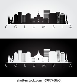 Columbia USA skyline and landmarks silhouette, black and white design, vector illustration.