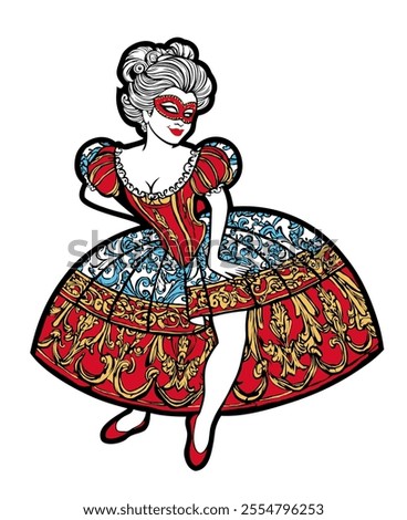 Columbine. Female character of italian commedia dell arte. Woman in carnival costume and mask. Vector isolated illustration.