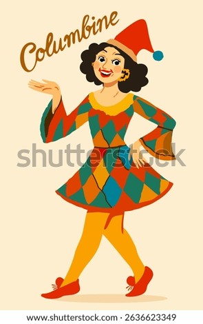 Columbine. Female character of italian commedia dell arte. Cheerful woman in carnival costume. Vector isolated illustration.