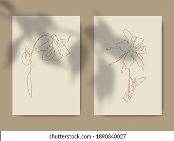 Columbine Flower Isolated on Brown Background. Continuous line drawing style. perfect for print, cover, wallpaper, Minimal and natural wall art.