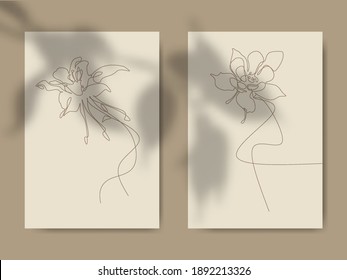 Columbine Flower Isolated on Brown Background. Continuous line drawing style. perfect for print, cover, wallpaper, Minimal and natural wall art.