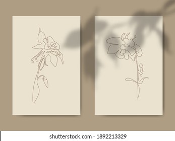 Columbine Flower Isolated on Brown Background. Continuous line drawing style. perfect for print, cover, wallpaper, Minimal and natural wall art.