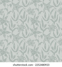 Columbine flowers and leaves seamless pattern. Aquilegia monochrome floral fabric design. Hand drawn vector print.