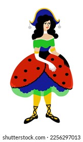 Columbine. One of the principal masks in traditional italian comedy. Commedia dell arte. Vector isolated illustration.
