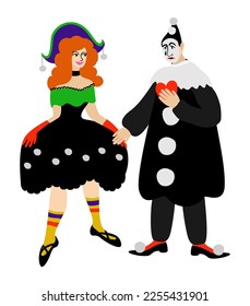 Columbine and Pierrot. Principal characters of italian traditional comedy. Commedia dell'arte. Vector isolated illustration. Love concept. Happy Valentine's Day!