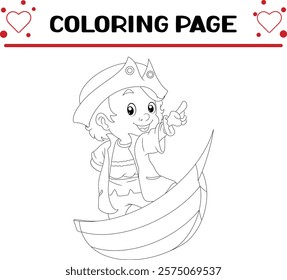 columbus boy is pointing from small ship coloring page for kids