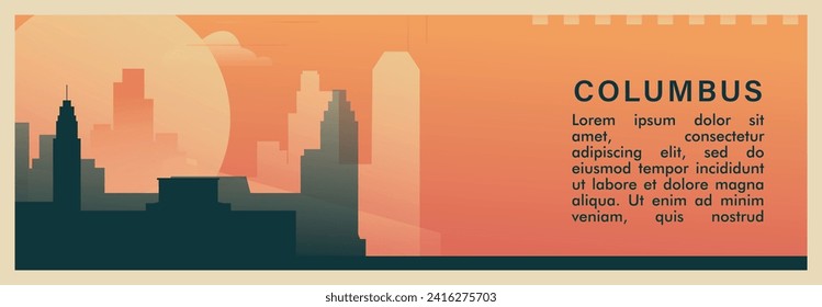 Banner vectorial del brutalismo de la ciudad de Colón con horizonte, paisaje urbano. Ilustración horizontal retro del estado Ohio de EE.UU. Diseño de viaje de los Estados Unidos de América para presentación web, encabezado, pie de página