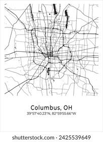 Columbus city map. Travel poster vector illustration with coordinates. Columbus, Ohio, The United States of America Map in light mode.