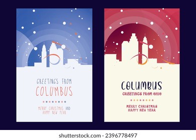 Columbus city poster with Christmas skyline, cityscape, landmarks. Winter USA holiday, New Year vertical vector layout for Ohio state brochure, website, flyer, leaflet, card