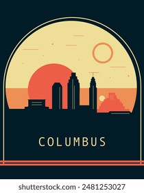 Afiche de estilo retro de la ciudad de Colón con horizonte, paisaje urbano. ILUSTRACIÓN VECTORIAL vintage del estado de Ohio. Cubierta frontal de EE. UU., folleto, folleto, Plantilla de folleto, Imagen de diseño