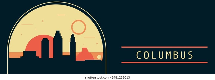 Anuncio de Vector de estilo retro de la ciudad de Colón con horizonte, paisaje urbano. Ilustración Horizontal vintage del estado de Ohio. Diseño de viajes de los Estados Unidos de América para presentación de Web, encabezado, pie de página