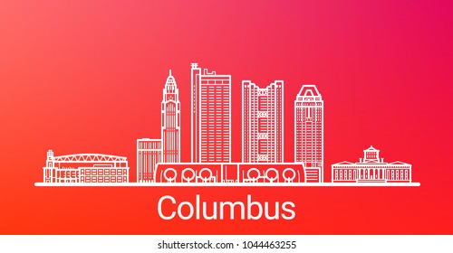 Columbus city white line on colorful background. All Columbus buildings - customizable objects with opacity mask, so you can simple change background. Line art.